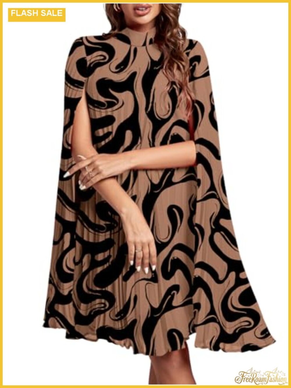 Mock Neck Pleated Cloak Sleeve Midi Dress Party